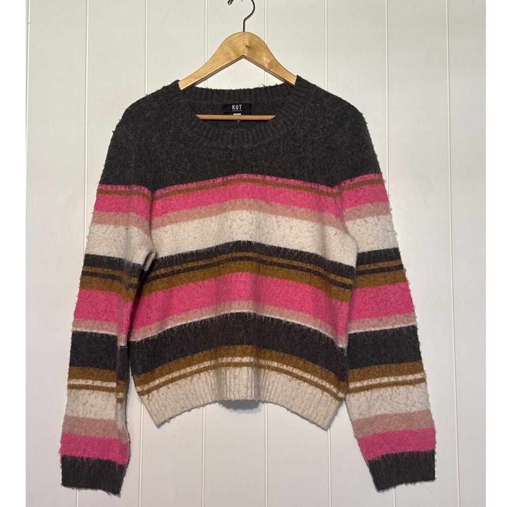 KUT From The Kloth Elvira Striped Fuzzy Sweater Medium Pink Brown Wool Blend